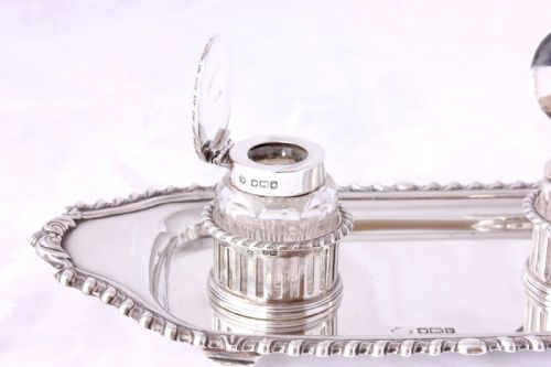 fig 3. Edwardian Silver & Cut Glass Double Inkwell Desk Pen Stand. Hallmarked William Hutton 1907