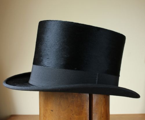 fig 1. Silk Top Hat & Case. Black Plush Topper. Size UK 7.