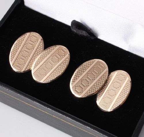 9ct Solid Gold Vintage Oval Engine Turned Cufflinks. Heavy 1959. Gift Boxed.