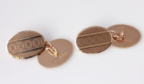 fig 1. 9ct Solid Gold Vintage Oval Engine Turned Cufflinks. Heavy 1959. Gift Boxed.