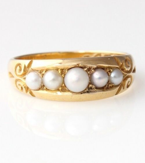 18ct Yellow Gold Pearl Five Stone Gypsy Ring. Victorian 1899. Size N 1/2.