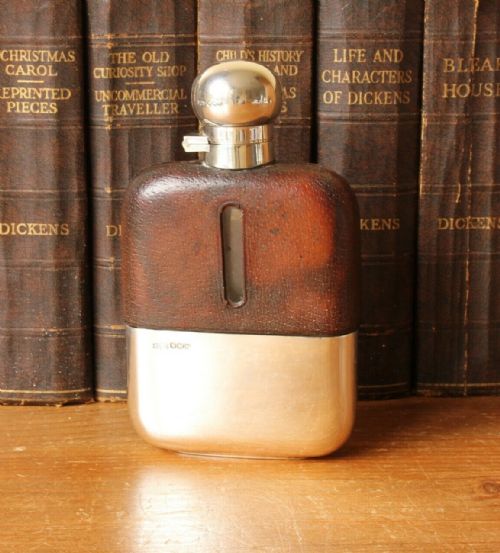 fig 1. Leather Covered Spirit Hip Flask With Silver Cup & Flip Top James Dixon 1942