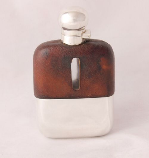 fig 2. Leather Covered Spirit Hip Flask With Silver Cup & Flip Top James Dixon 1942