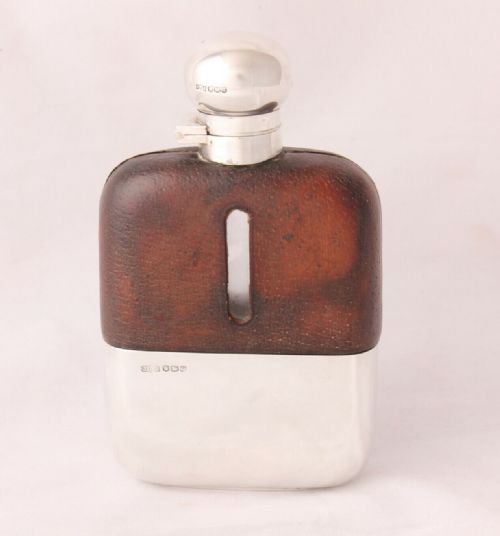 fig 3. Leather Covered Spirit Hip Flask With Silver Cup & Flip Top James Dixon 1942