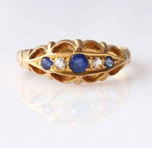 Victorian 22ct Gold Sapphire & Diamond Ring - 1891. Size M - USA 6 1/4