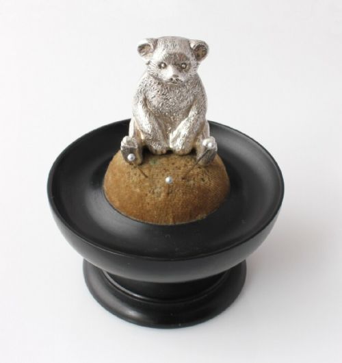 Hallmarked Silver Teddy Bear on Ebony Pincushion / Pin Tray Dish . Birmingham 1909.