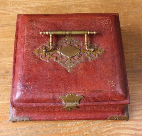 French Louis Xvi Style Leather Brass Sarcophagus Shaped Jewellery Trinket Sewing Box.