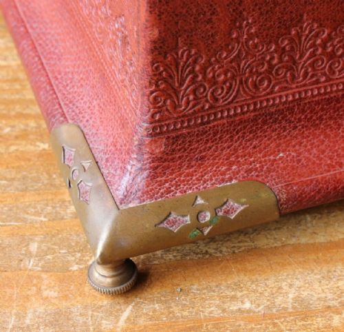fig 1. French Louis XVI Style Leather Brass Sarcophagus Shaped Jewellery Trinket Sewing Box.