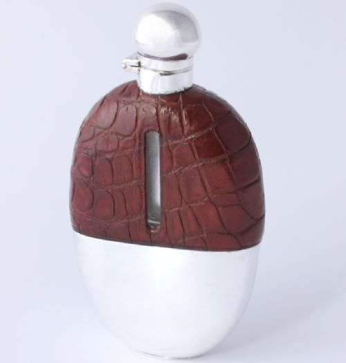 Silver Plated Brown Croc Leather Whisky Spirit Hip Flask with Cup.