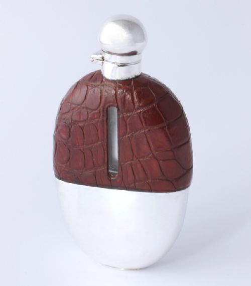 fig 1. Silver Plated Brown Croc Leather Whisky Spirit Hip Flask With Cup.