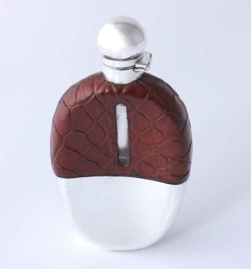 fig 2. Silver Plated Brown Croc Leather Whisky Spirit Hip Flask With Cup.