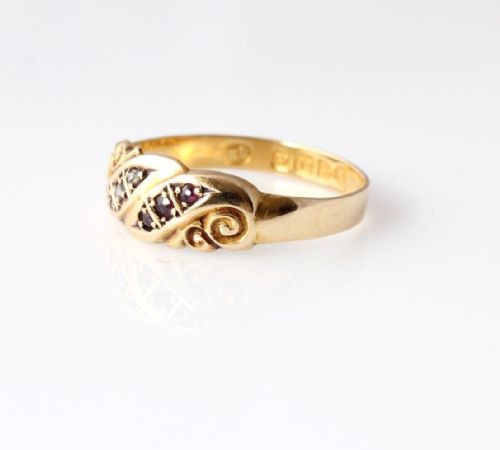 fig 1. Victorian 18ct Yellow Gold Diamond and Ruby Gypsy Ring. 1896 Size N.