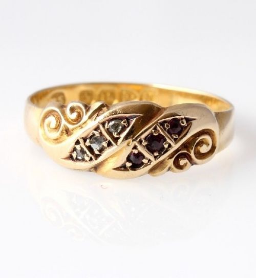 Victorian 18ct Yellow Gold Diamond and Ruby Gypsy Ring. 1896 Size N.