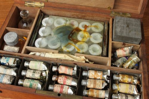 fig 2. Antique French Artist Box Bourgeois Emerald Green Oil Paint Brushes Pallet c1890