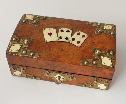 Victorian Burr Walnut Playing Card / Bridge Games Box with Brass & Ivory Detail. C1860