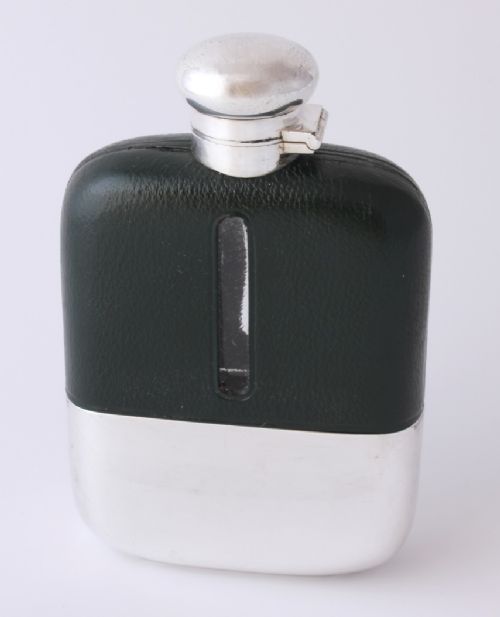 Silver Plated Green Leather Whisky Spirit Hip Flask with Cup.