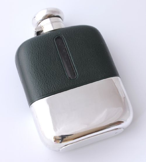 fig 1. Silver Plated Green Leather Whisky Spirit Hip Flask With Cup.