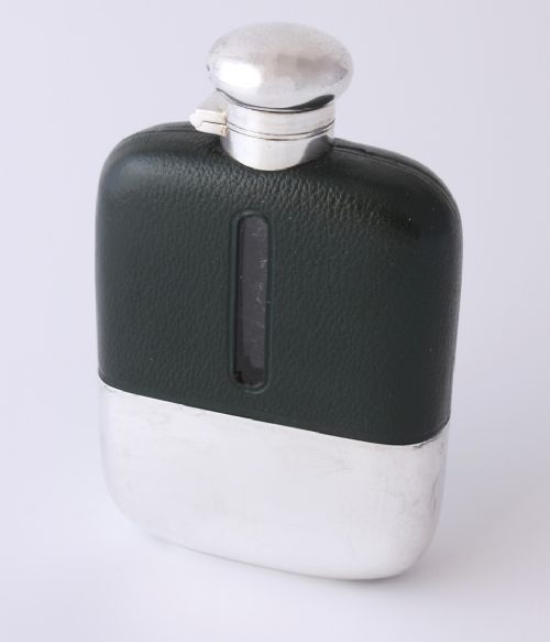 fig 2. Silver Plated Green Leather Whisky Spirit Hip Flask With Cup.