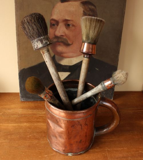 Large Rustic Copper Measure Pot & 4 Large French Paint Brushes.