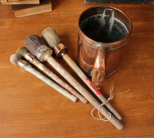 fig 1. Large Rustic Copper Measure Pot & 4 Large French Paint Brushes.