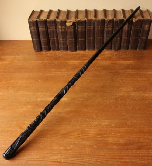 fig 1. Irish Bog Oak Walking Stick Cane With Carved Snake, Fern Leaf, Clover.