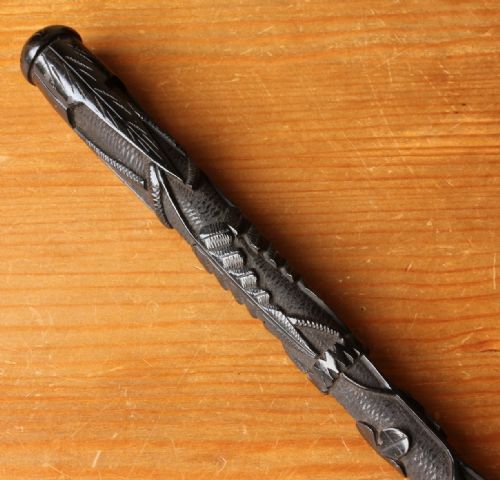 Irish Bog Oak Walking Stick Cane with Carved Snake, Fern Leaf, Clover.