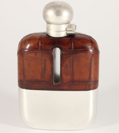 Silver Brown Croc Leather Spirit Hip Flask with Cup. James Dixon 1932.