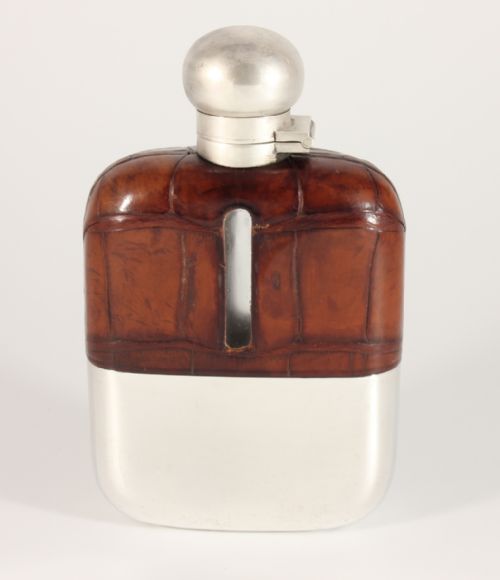 fig 1. Silver Brown Croc Leather Spirit Hip Flask With Cup. James Dixon 1932.