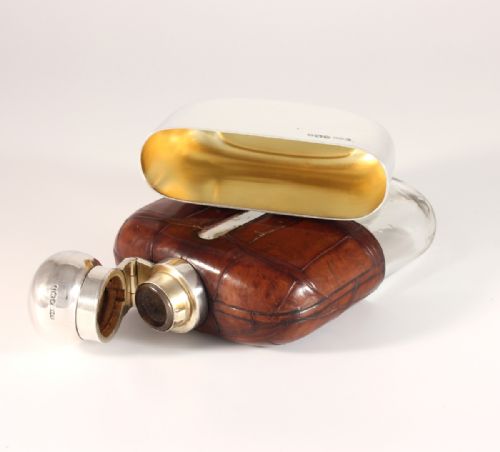 fig 2. Silver Brown Croc Leather Spirit Hip Flask With Cup. James Dixon 1932.