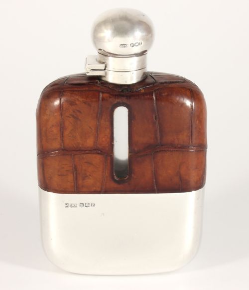fig 3. Silver Brown Croc Leather Spirit Hip Flask With Cup. James Dixon 1932.