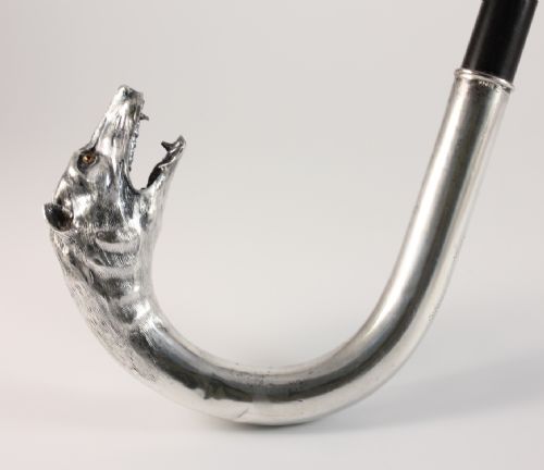 Silver Wolf Dog Head Handle Walking Cane Stick C1900.
