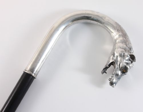 fig 1. Silver Wolf Dog Head Handle Walking Cane Stick c1900.