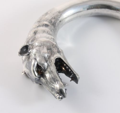 fig 2. Silver Wolf Dog Head Handle Walking Cane Stick c1900.