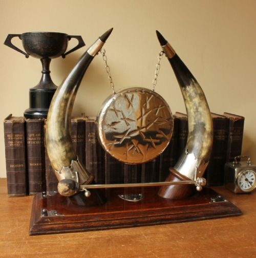 Large English Oak, Horn & Silver Plate Brass Dinner Table Top Gong C1900