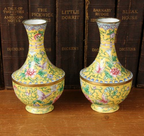 Pair Small Chinese Famille Rose Enamel Baluster Vases