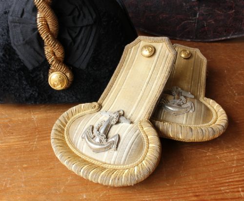 fig 1. British Royal Navy Bicorn Hat & Lieutenant Epaulettes In Tole Tin Case.