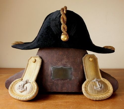 British Royal Navy Bicorn Hat & Lieutenant Epaulettes in Tole Tin Case.