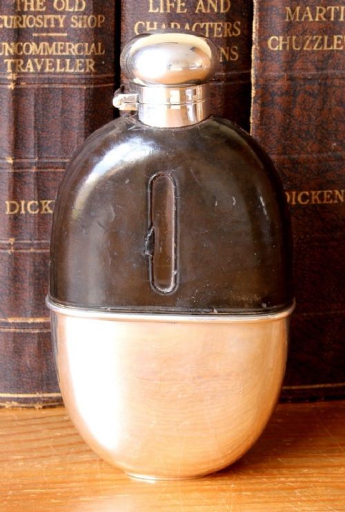 Solid Silver & Leather Spirit Hip Flask with Cup