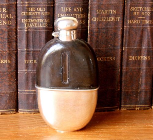 fig 1. Solid Silver & Leather Spirit Hip Flask with Cup