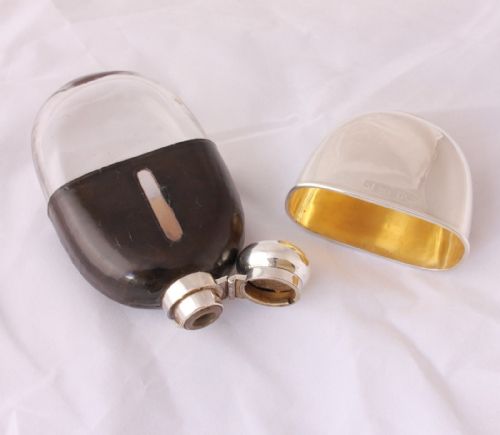 fig 2. Solid Silver & Leather Spirit Hip Flask with Cup