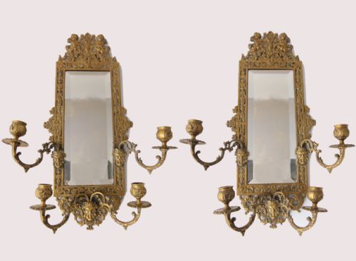 Pair French Brass Ornate Wall Mirrors.