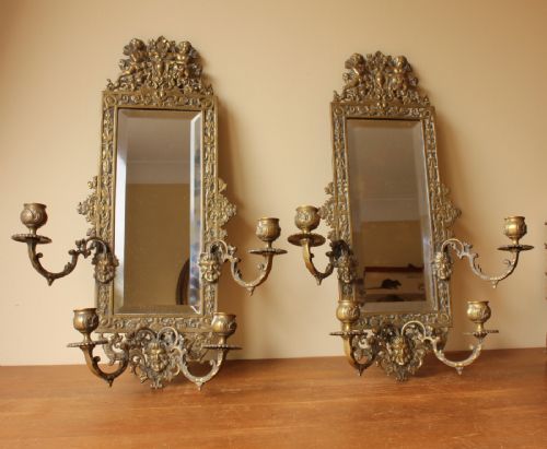 fig 1. Pair French Brass Ornate Wall Mirrors.