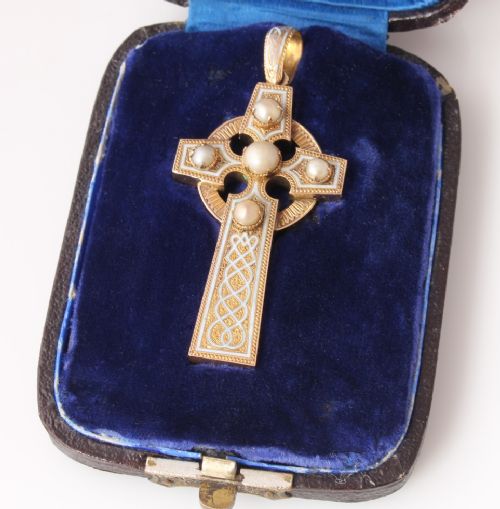 fig 1. Gold Enamel & Pearl Celtic Cross Pendant.