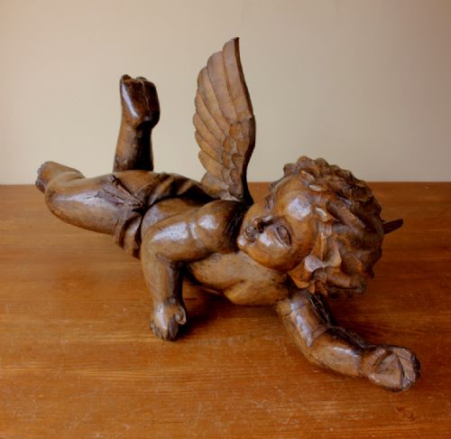19th Century Carved Wooden Winged Cherub Putti Figure