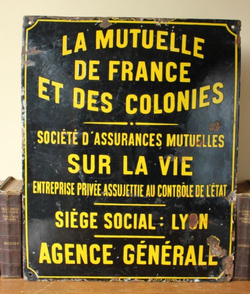 French Yellow Black Enamel Life Insurance Lyon Convex Wall Sign
