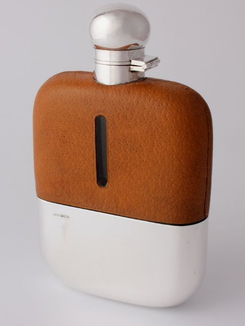 Large James Dixon Silver & Leather Spirit Hip Flask & Cup