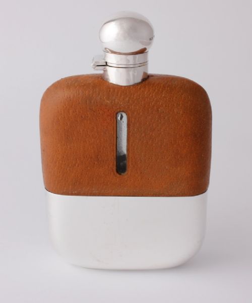 fig 1. Large James Dixon Silver & Leather Spirit Hip Flask & Cup
