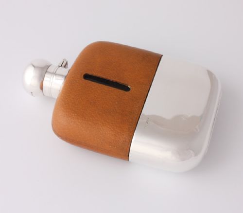 fig 2. Large James Dixon Silver & Leather Spirit Hip Flask & Cup