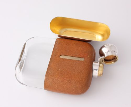 fig 3. Large James Dixon Silver & Leather Spirit Hip Flask & Cup