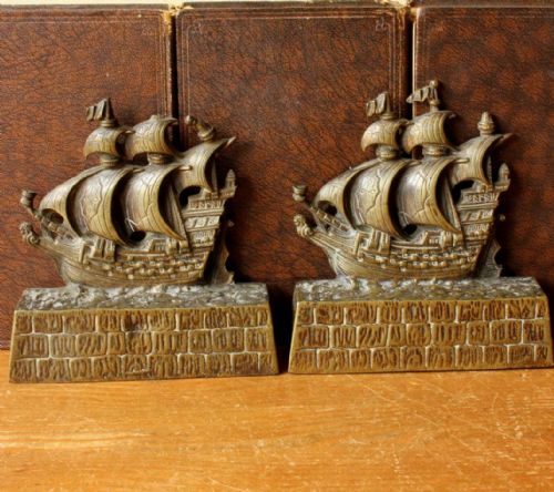 Antique Pair of Brass Galleon Sailing Ship Bookends.